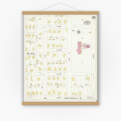 Old map wall art mockup — magnetic wood frame on white wall — Sanborn Fire Insurance Map from Sherman, Grayson County, Texas (1908), Sheet #0035
