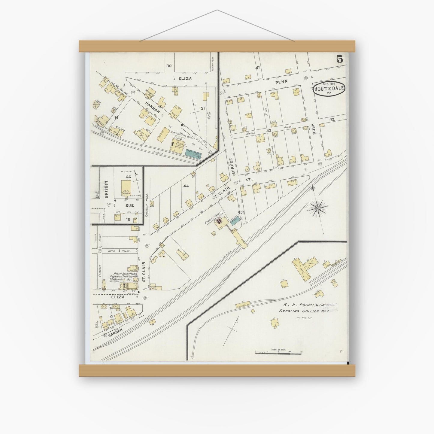 Old map wall art mockup — magnetic wood frame on white wall — Sanborn Fire Insurance Map from Houtzdale, Clearfield County, Pennsylvania (1894), Sheet #0005