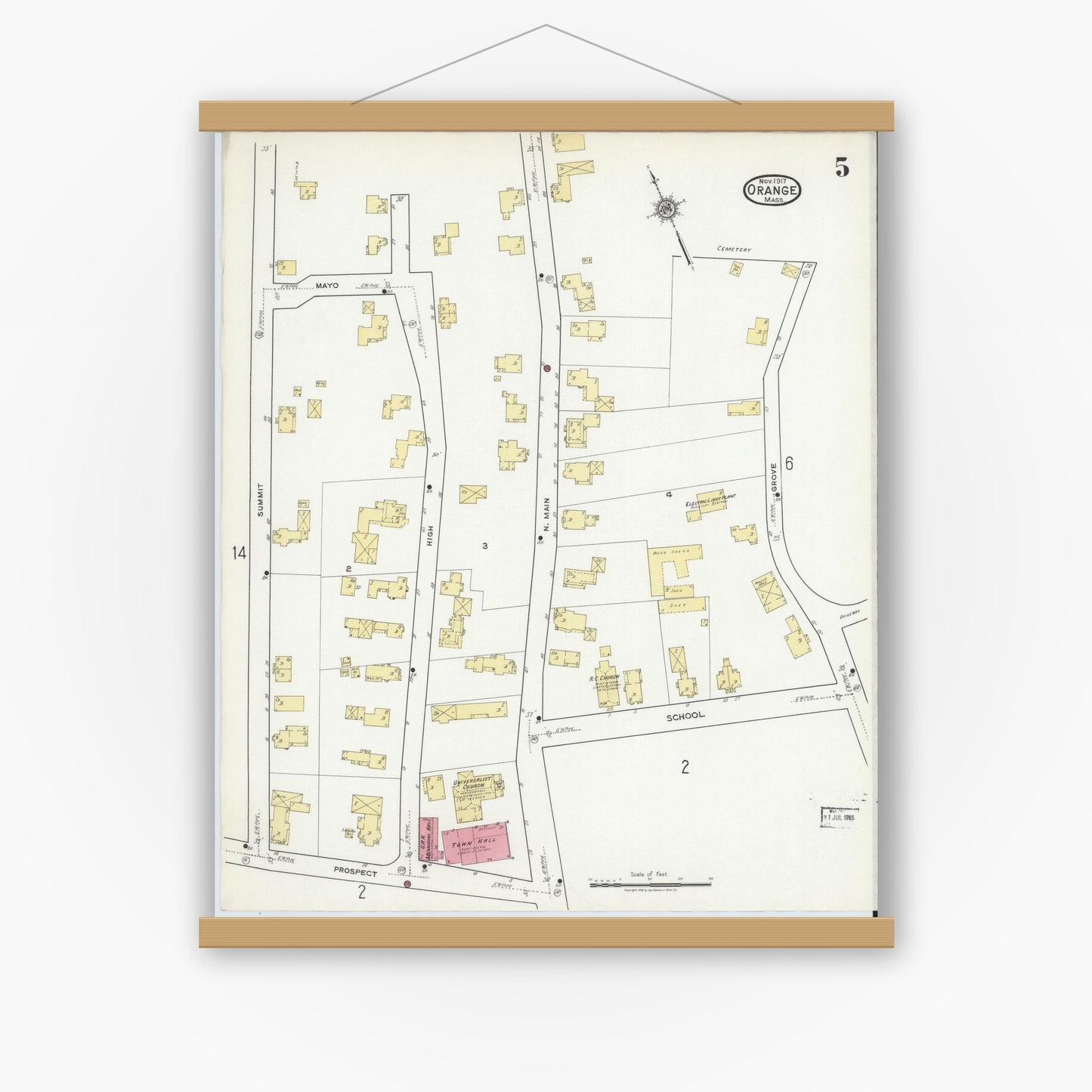 Old map wall art mockup — magnetic wood frame on white wall — Sanborn Fire Insurance Map from Orange, Franklin County, Massachusetts (1917), Sheet #0005
