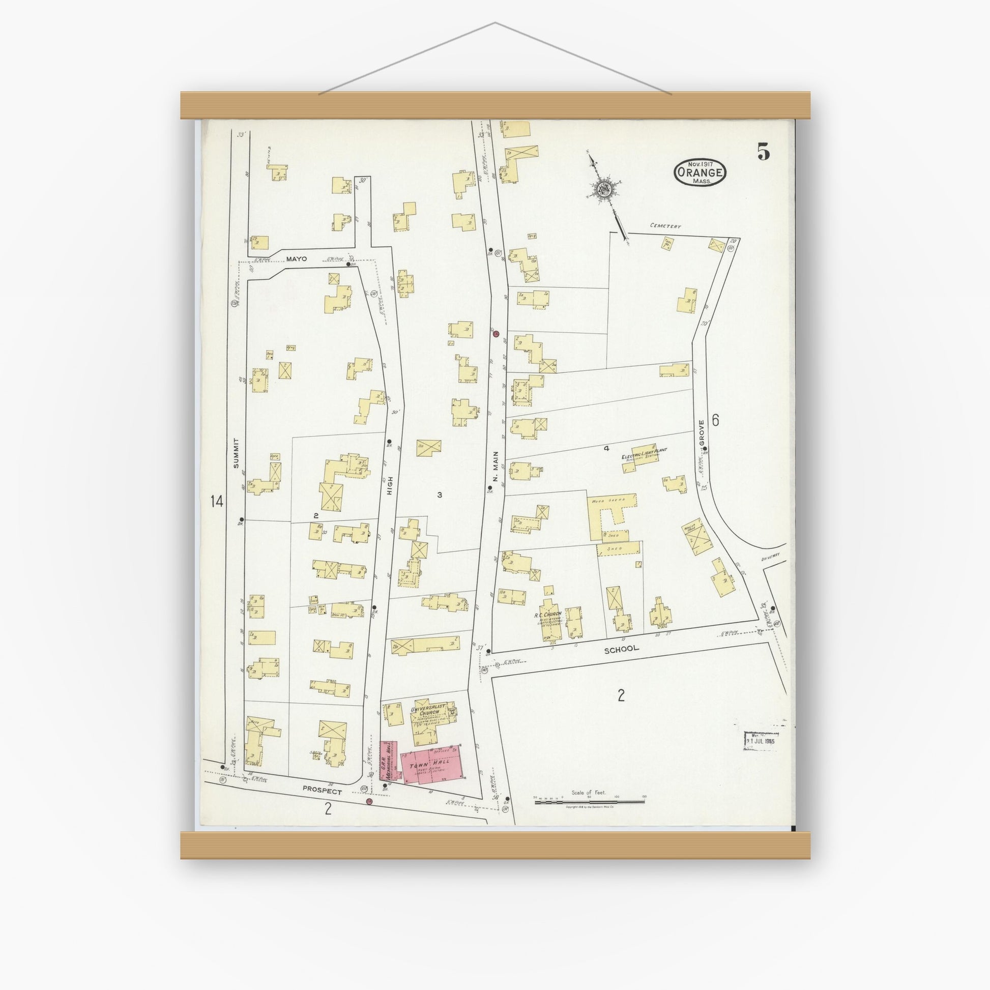 Old map wall art mockup — magnetic wood frame on white wall — Sanborn Fire Insurance Map from Orange, Franklin County, Massachusetts (1917), Sheet #0005