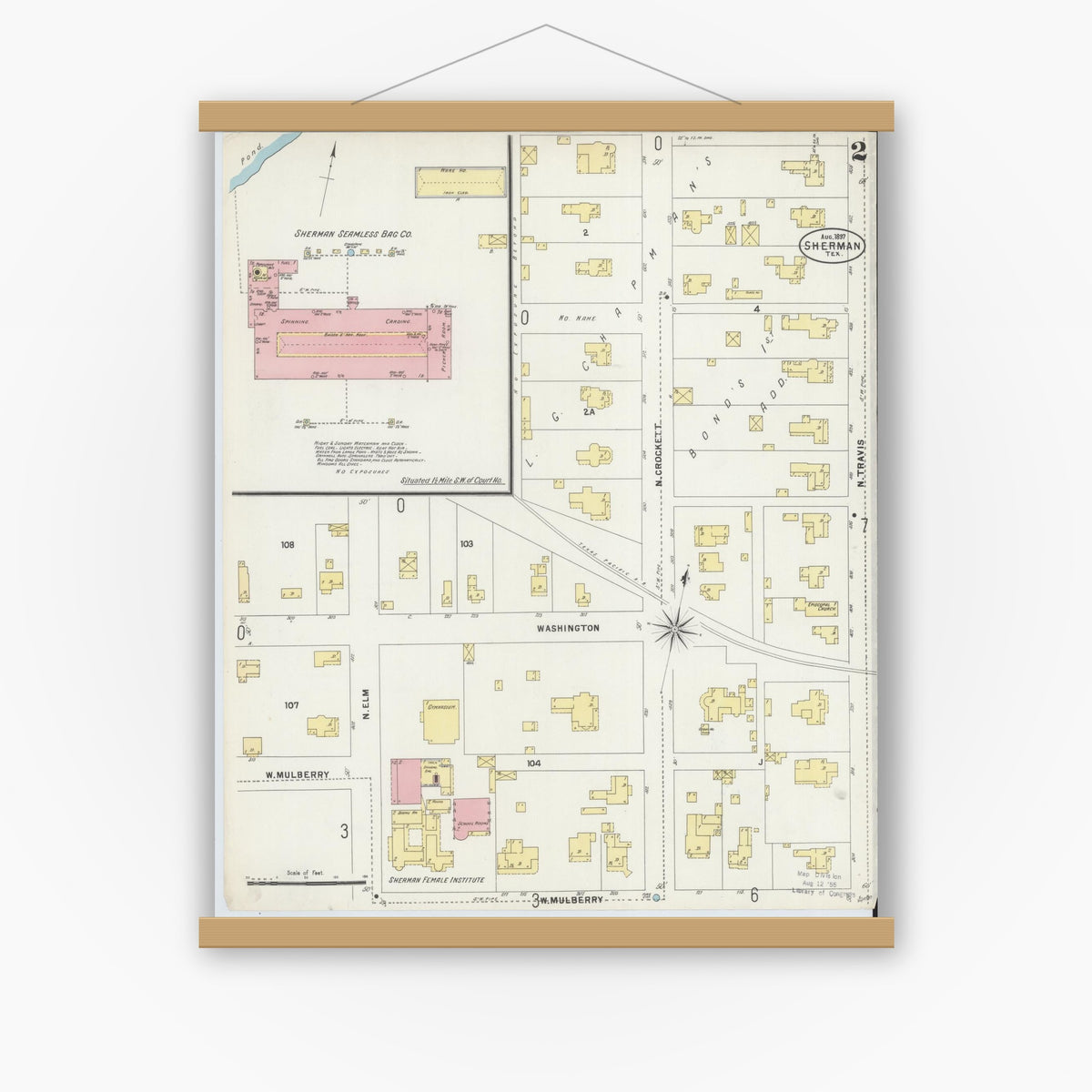 Old map wall art mockup — magnetic wood frame on white wall — Sanborn Fire Insurance Map from Sherman, Grayson County, Texas (1897), Sheet #0002