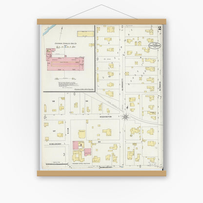Old map wall art mockup — magnetic wood frame on white wall — Sanborn Fire Insurance Map from Sherman, Grayson County, Texas (1897), Sheet #0002