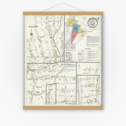 Old map wall art mockup — magnetic wood frame on white wall — Sanborn Fire Insurance Map from Lilly, Cambria County, Pennsylvania (1916), Sheet #0001