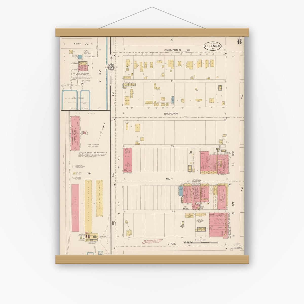 Old map wall art mockup — magnetic wood frame on white wall — Sanborn Fire Insurance Map from El Centro, Imperial County, California (1914), Sheet #0006