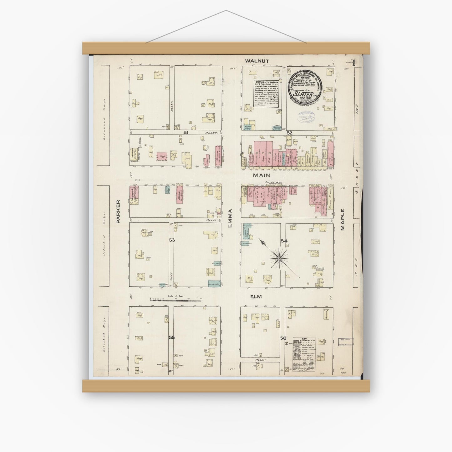 Old map wall art mockup — magnetic wood frame on white wall — Sanborn Fire Insurance Map from Slater, Saline County, Missouri (1883) - Complete Map Set