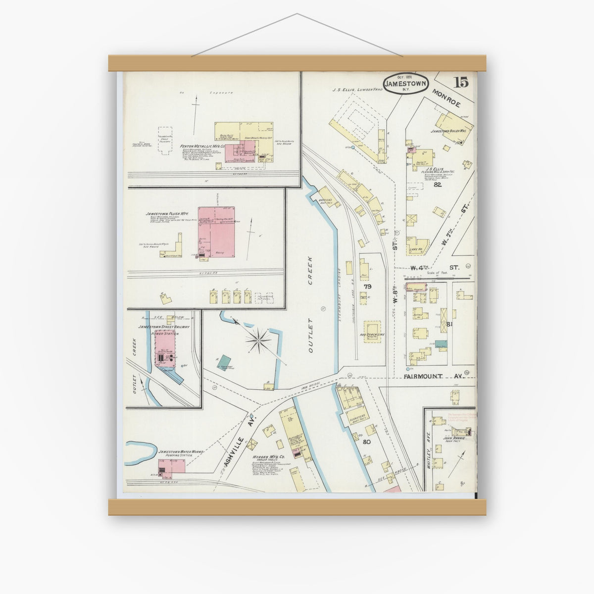 Old map wall art mockup — magnetic wood frame on white wall — Sanborn Fire Insurance Map from Jamestown, Chautauqua County, New York (1891), Sheet #0015