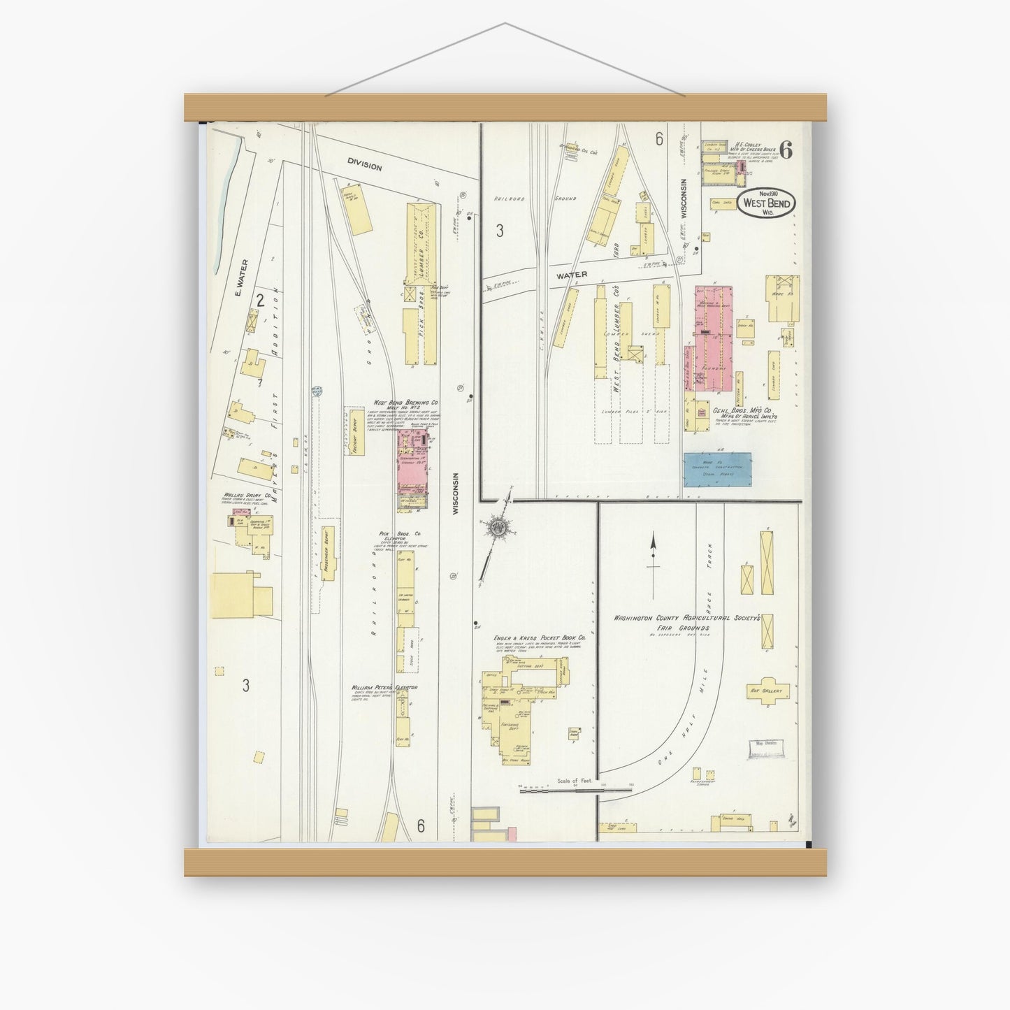 Old map wall art mockup — magnetic wood frame on white wall — Sanborn Fire Insurance Map from West Bend, Washington County, Wisconsin (1910), Sheet #0006