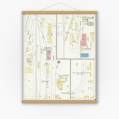 Old map wall art mockup — magnetic wood frame on white wall — Sanborn Fire Insurance Map from West Bend, Washington County, Wisconsin (1910), Sheet #0006