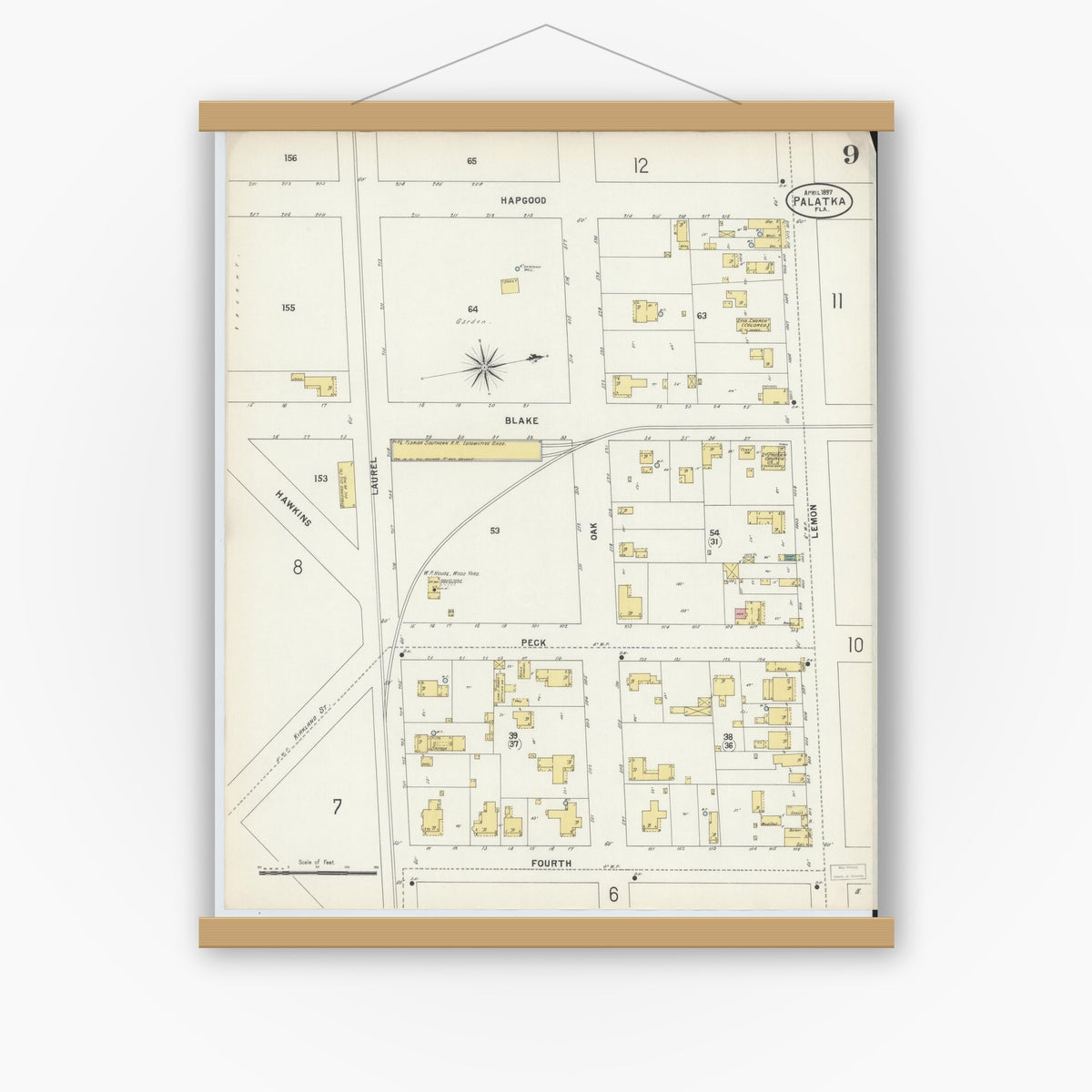 Old map wall art mockup — magnetic wood frame on white wall — Sanborn Fire Insurance Map from Palatka, Putnam County, Florida (1897), Sheet #0009