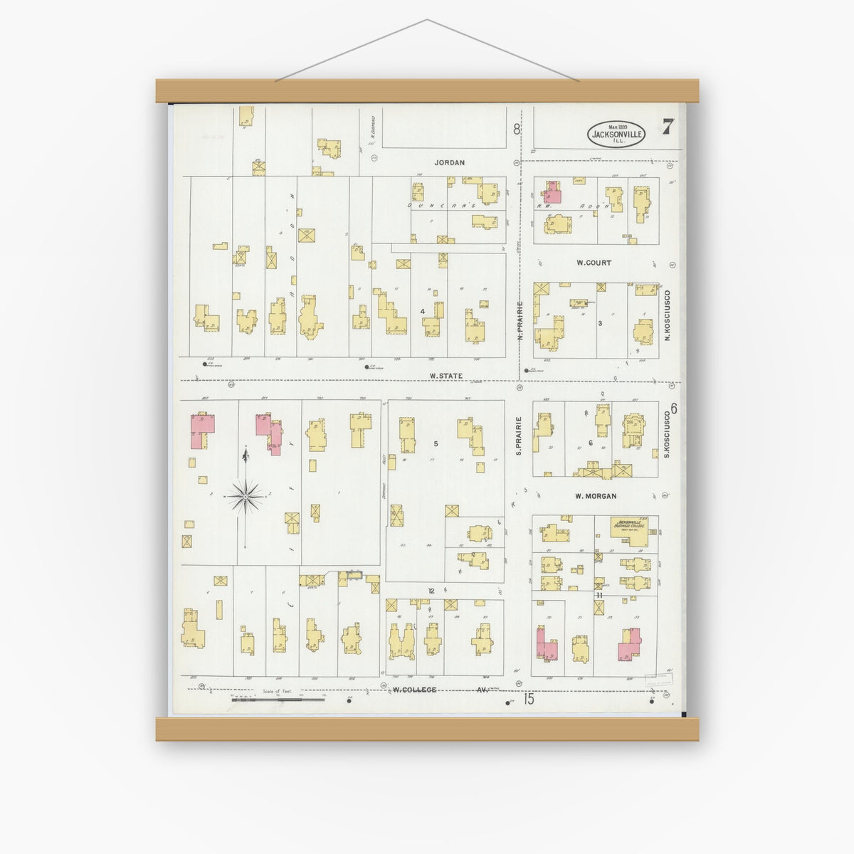 Old map wall art mockup — magnetic wood frame on white wall — Sanborn Fire Insurance Map from Jacksonville, Morgan County, Illinois (1899), Sheet #0007