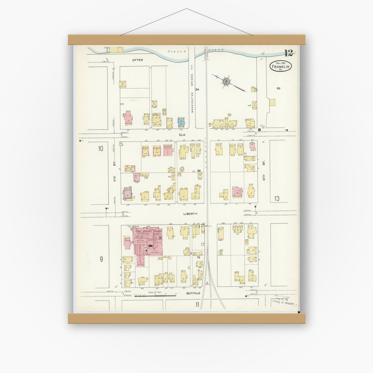 Old map wall art mockup — magnetic wood frame on white wall — Sanborn Fire Insurance Map from Franklin, Venango County, Pennsylvania (1912), Sheet #0012