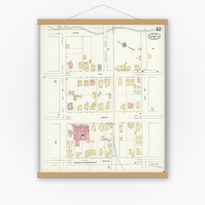Old map wall art mockup — magnetic wood frame on white wall — Sanborn Fire Insurance Map from Franklin, Venango County, Pennsylvania (1912), Sheet #0012