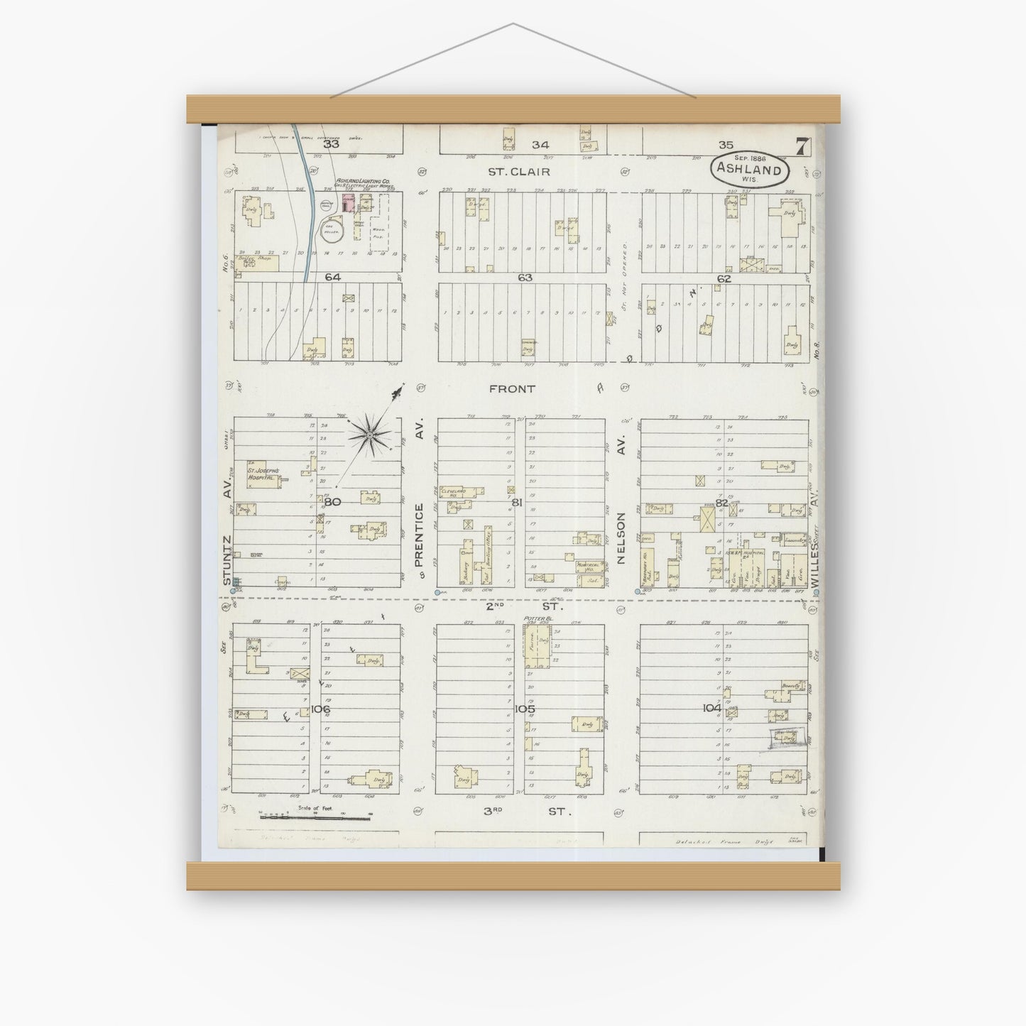 Old map wall art mockup — magnetic wood frame on white wall — Sanborn Fire Insurance Map from Ashland, Ashland County, Wisconsin (1886), Sheet #0007