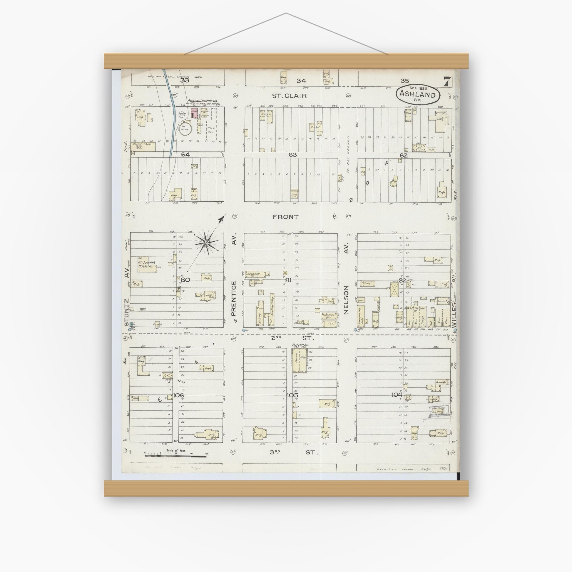 Old map wall art mockup — magnetic wood frame on white wall — Sanborn Fire Insurance Map from Ashland, Ashland County, Wisconsin (1886), Sheet #0007
