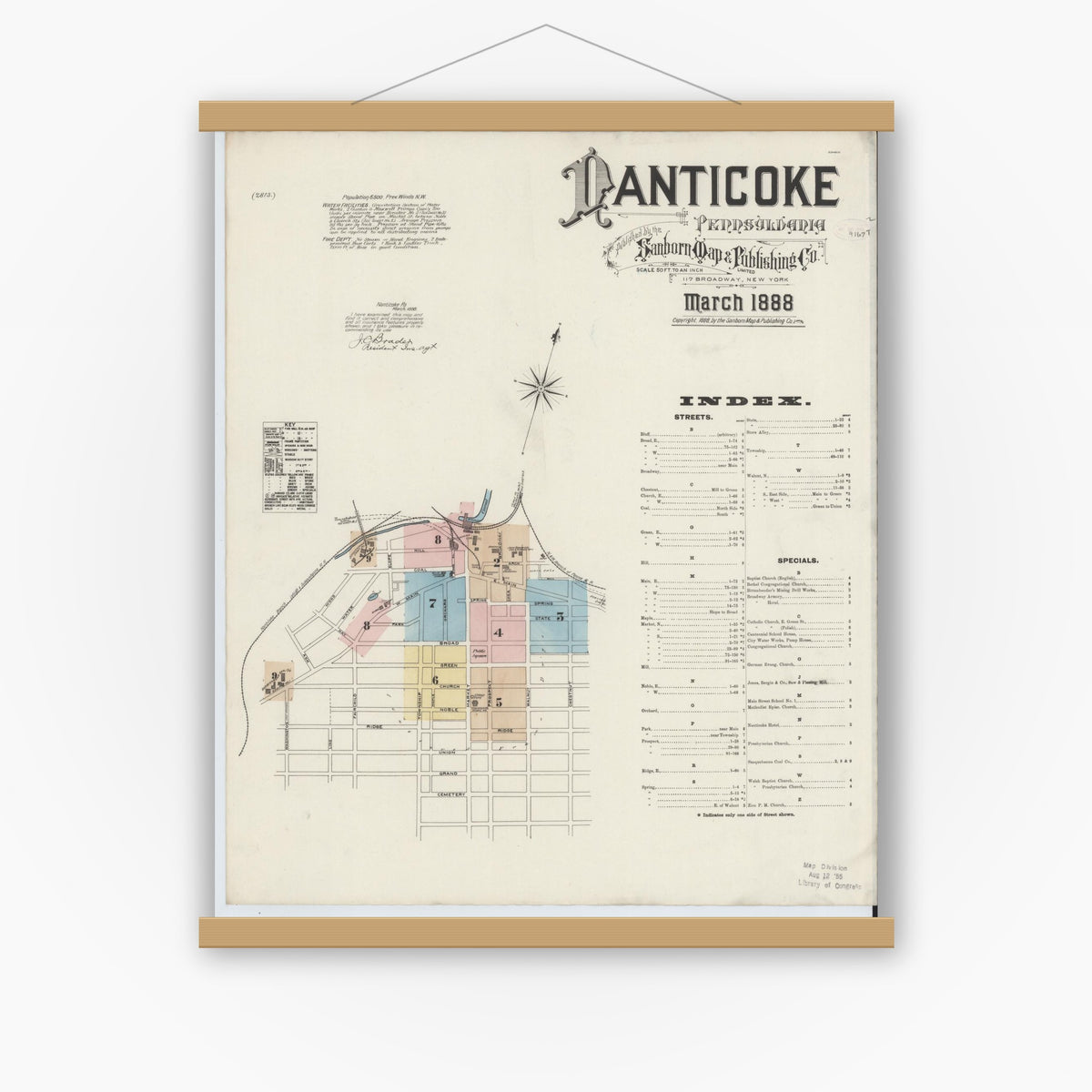 Old map wall art mockup — magnetic wood frame on white wall — Sanborn Fire Insurance Map from Nanticoke, Luzerne County, Pennsylvania (1888) - Complete Map Set