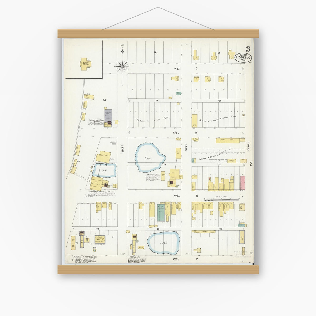 Old map wall art mockup — magnetic wood frame on white wall — Sanborn Fire Insurance Map from Rosebud, Falls County, Texas (1903), Sheet #0003