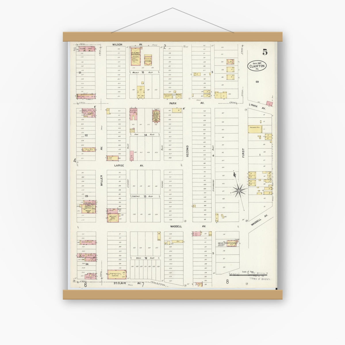 Old map wall art mockup — magnetic wood frame on white wall — Sanborn Fire Insurance Map from Clairton, Allegheny County, Pennsylvania (1907), Sheet #0005