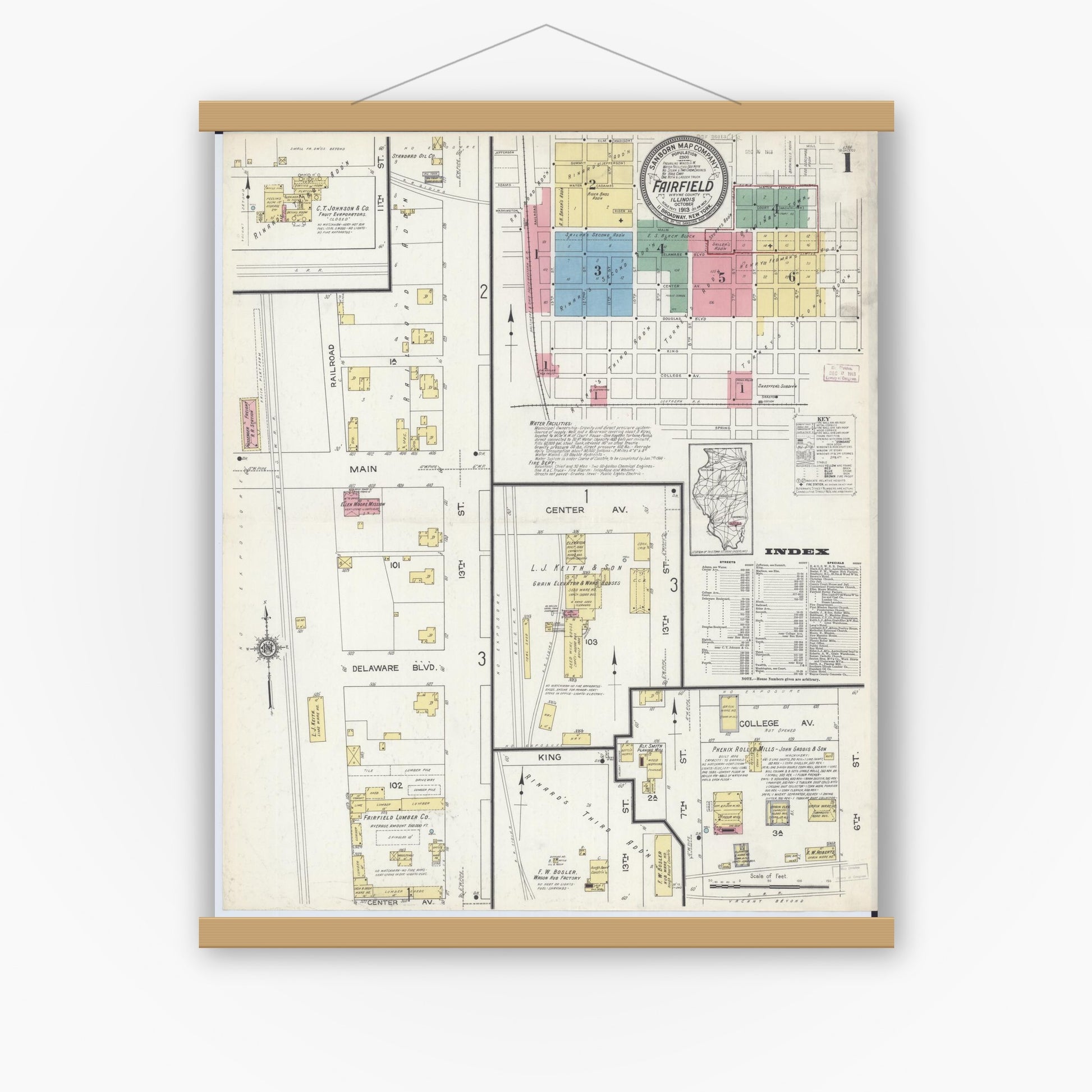 Old map wall art mockup — magnetic wood frame on white wall — Sanborn Fire Insurance Map from Fairfield, Wayne County, Illinois (1913), Sheet #0001