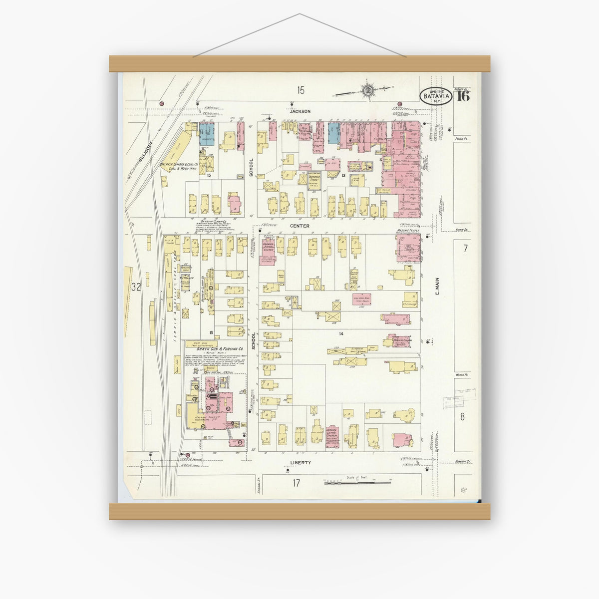 Old map wall art mockup — magnetic wood frame on white wall — Sanborn Fire Insurance Map from Batavia, Genesee County, New York (1912), Sheet #0016