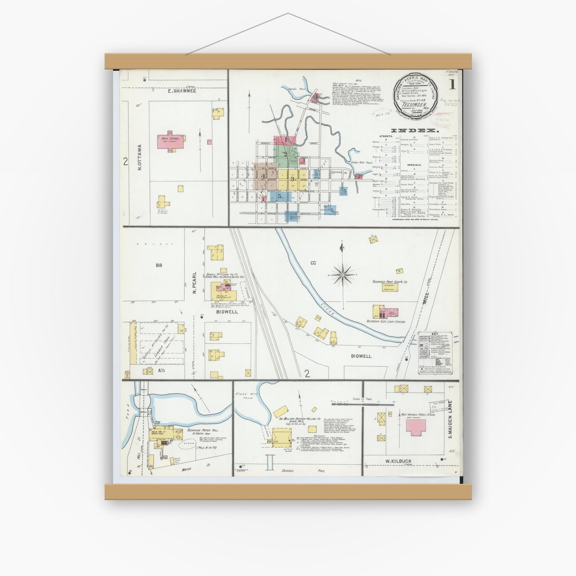 Old map wall art mockup — magnetic wood frame on white wall — Sanborn Fire Insurance Map from Tecumseh, Lenawee County, Michigan (1899), Sheet #0001