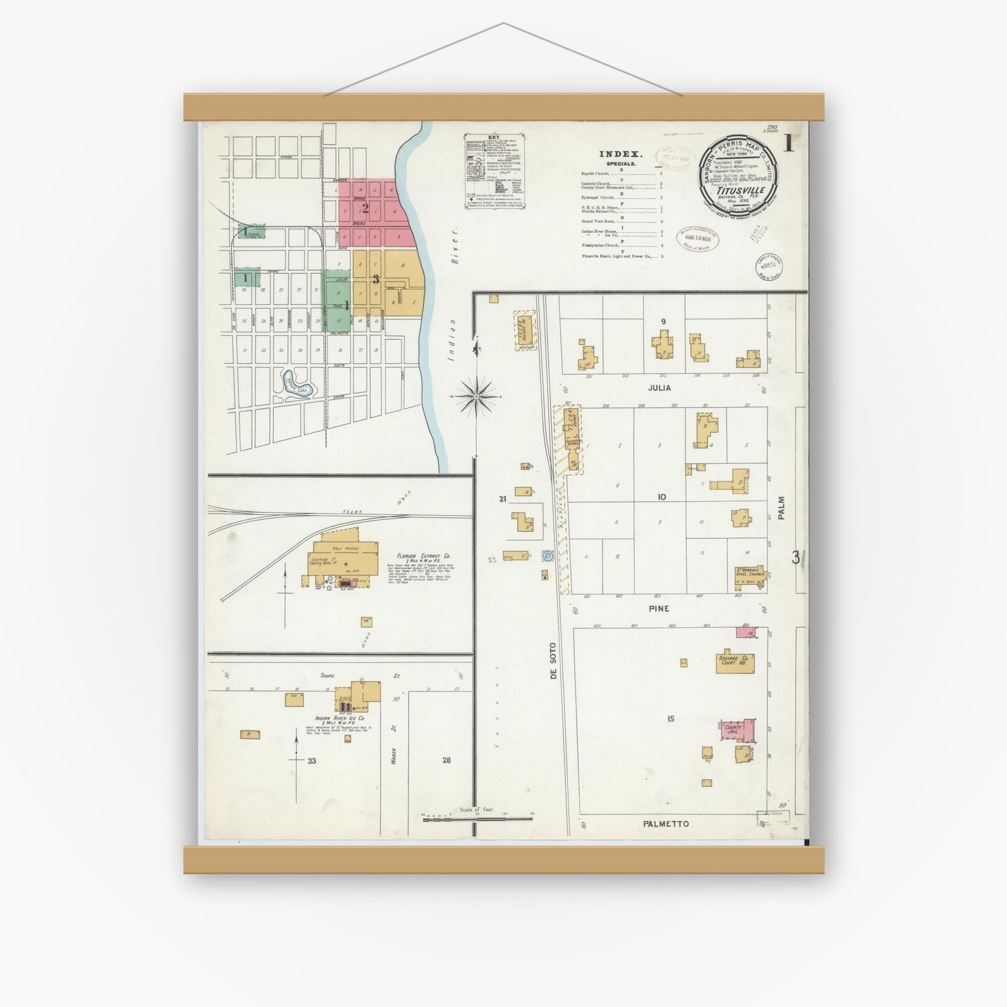 Old map wall art mockup — magnetic wood frame on white wall — Sanborn Fire Insurance Map from Titusville, Brevard County, Florida (1899) - Complete Map Set
