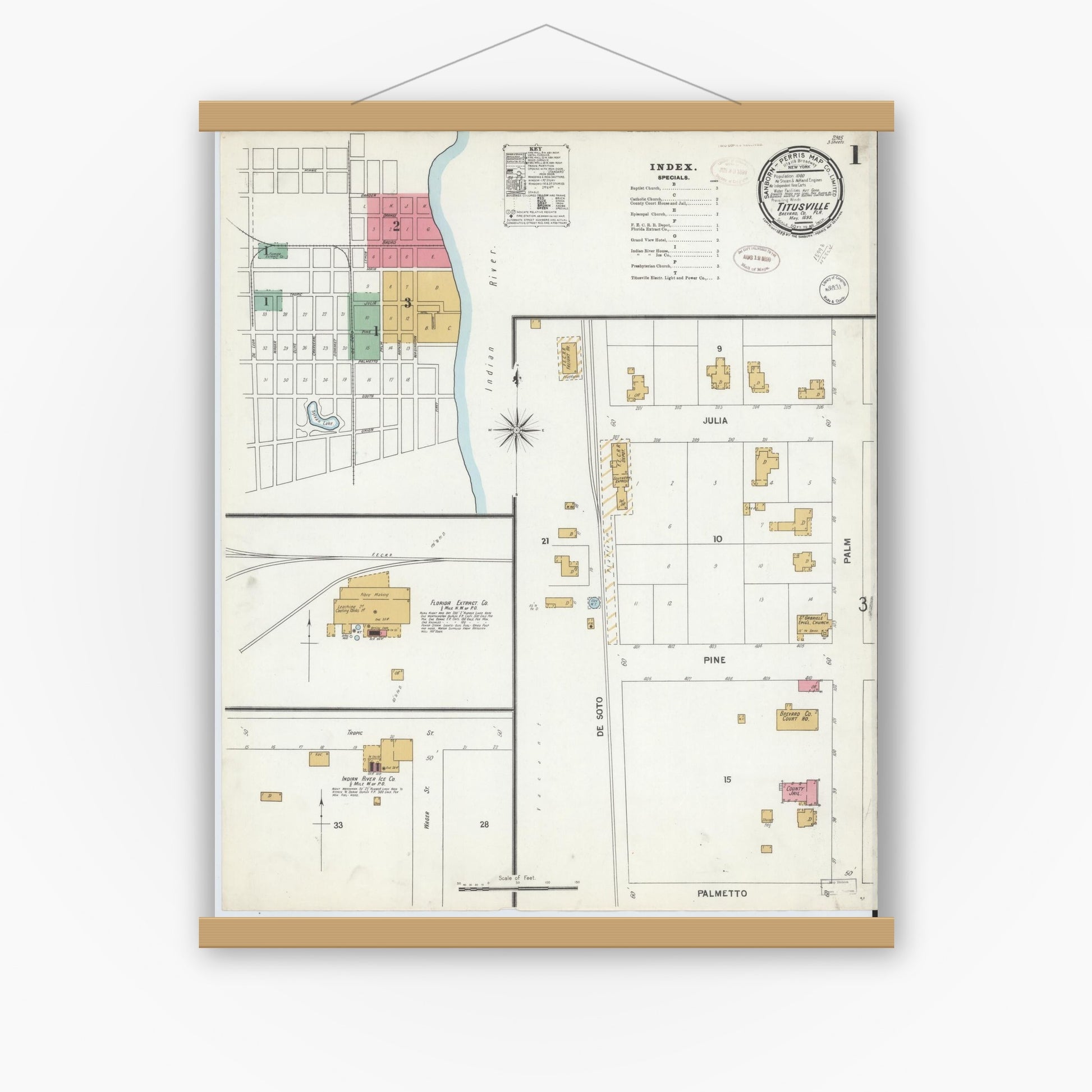 Old map wall art mockup — magnetic wood frame on white wall — Sanborn Fire Insurance Map from Titusville, Brevard County, Florida (1899) - Complete Map Set