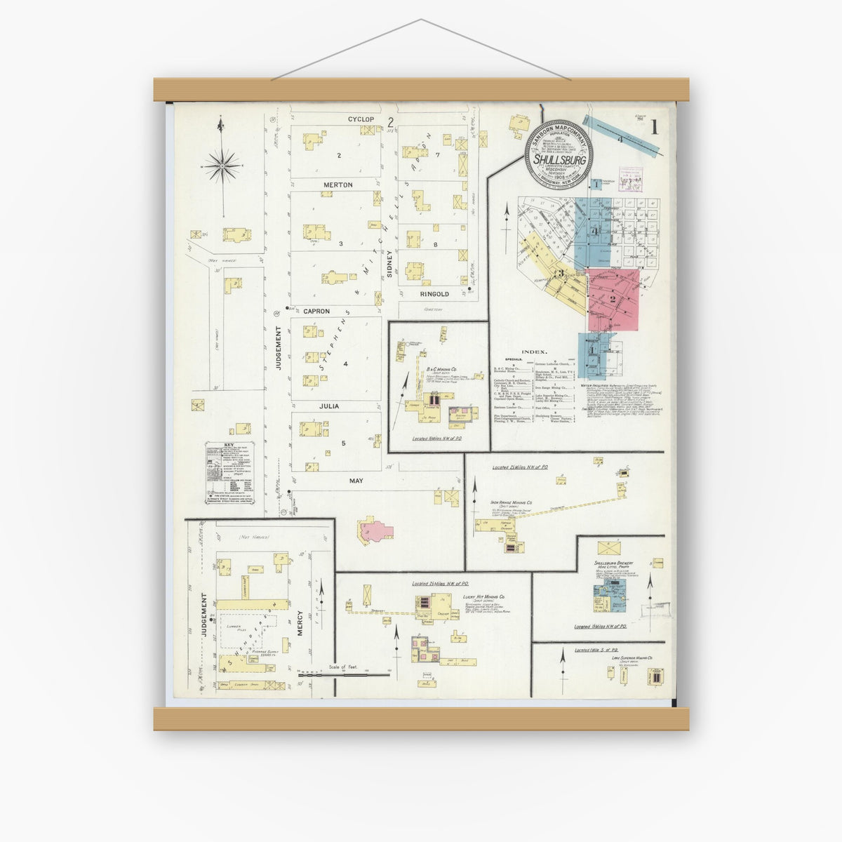Old map wall art mockup — magnetic wood frame on white wall — Sanborn Fire Insurance Map from Shullsburg, Lafayette County, Wisconsin (1908) - Complete Map Set