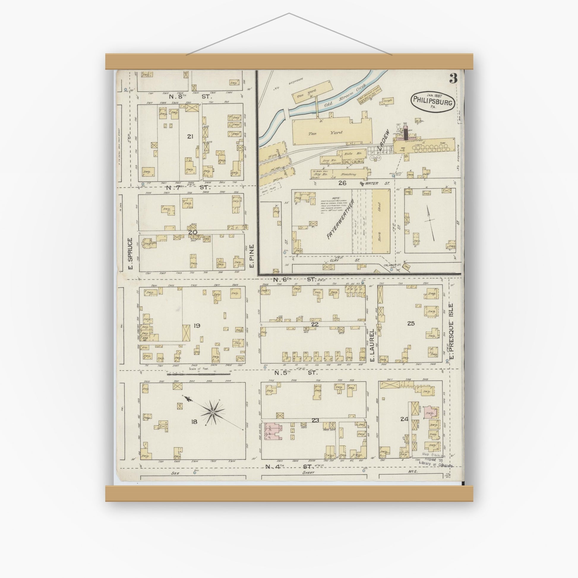 Old map wall art mockup — magnetic wood frame on white wall — Sanborn Fire Insurance Map from Philipsburg, Centre County, Pennsylvania (1887), Sheet #0003