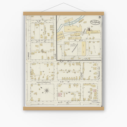 Old map wall art mockup — magnetic wood frame on white wall — Sanborn Fire Insurance Map from Philipsburg, Centre County, Pennsylvania (1887), Sheet #0003
