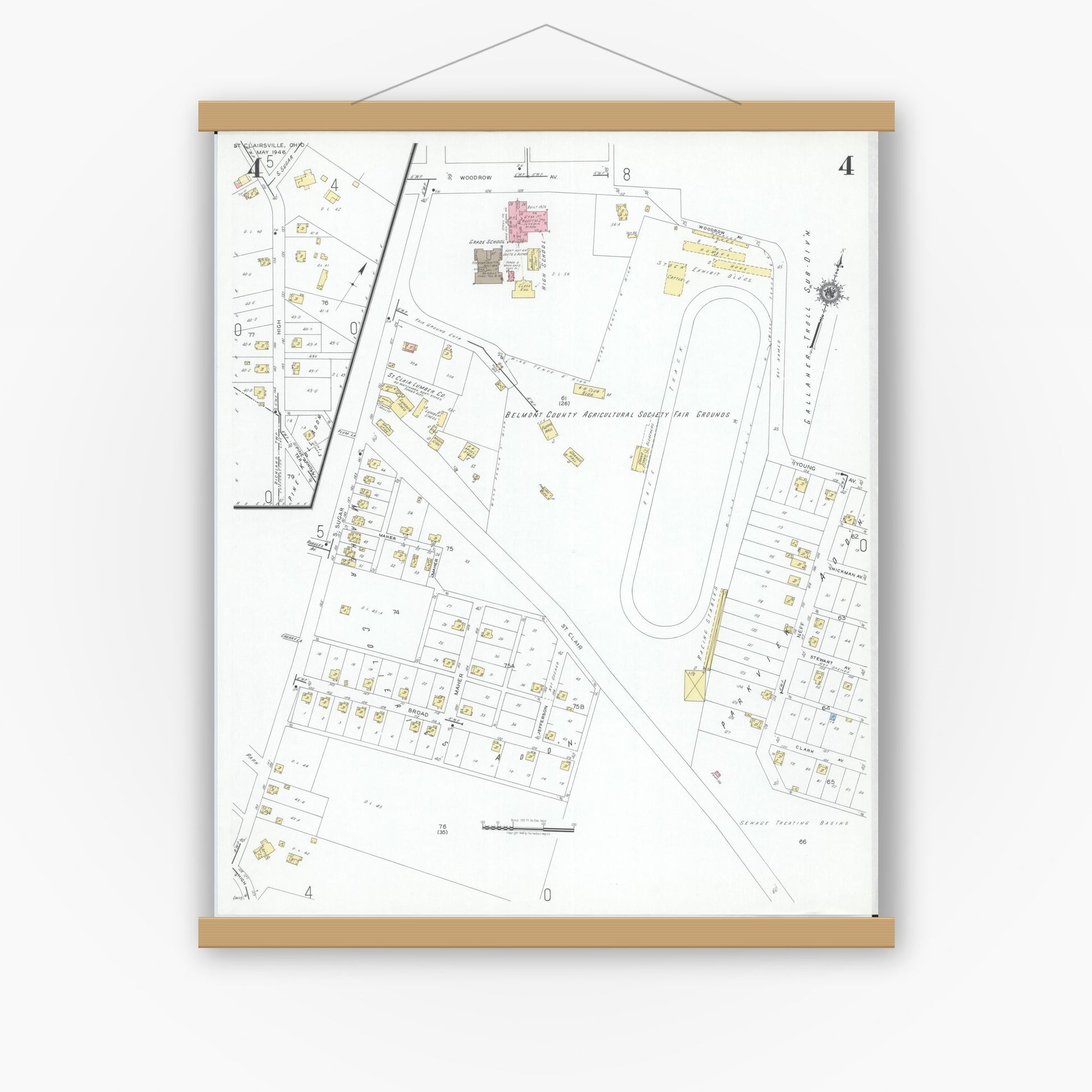 Old map wall art mockup — magnetic wood frame on white wall — Sanborn Fire Insurance Map from Saint Clairsville, Belmont County, Ohio (1946), Sheet #0004