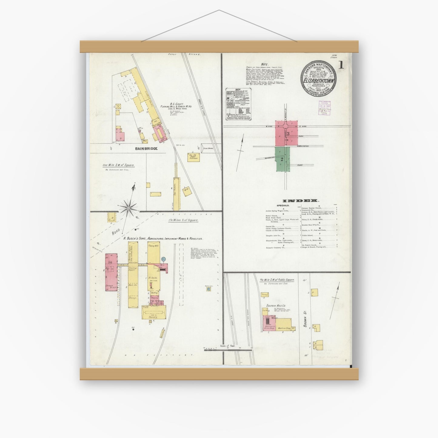 Old map wall art mockup — magnetic wood frame on white wall — Sanborn Fire Insurance Map from Elizabethtown, Lancaster County, Pennsylvania (1902) - Complete Map Set