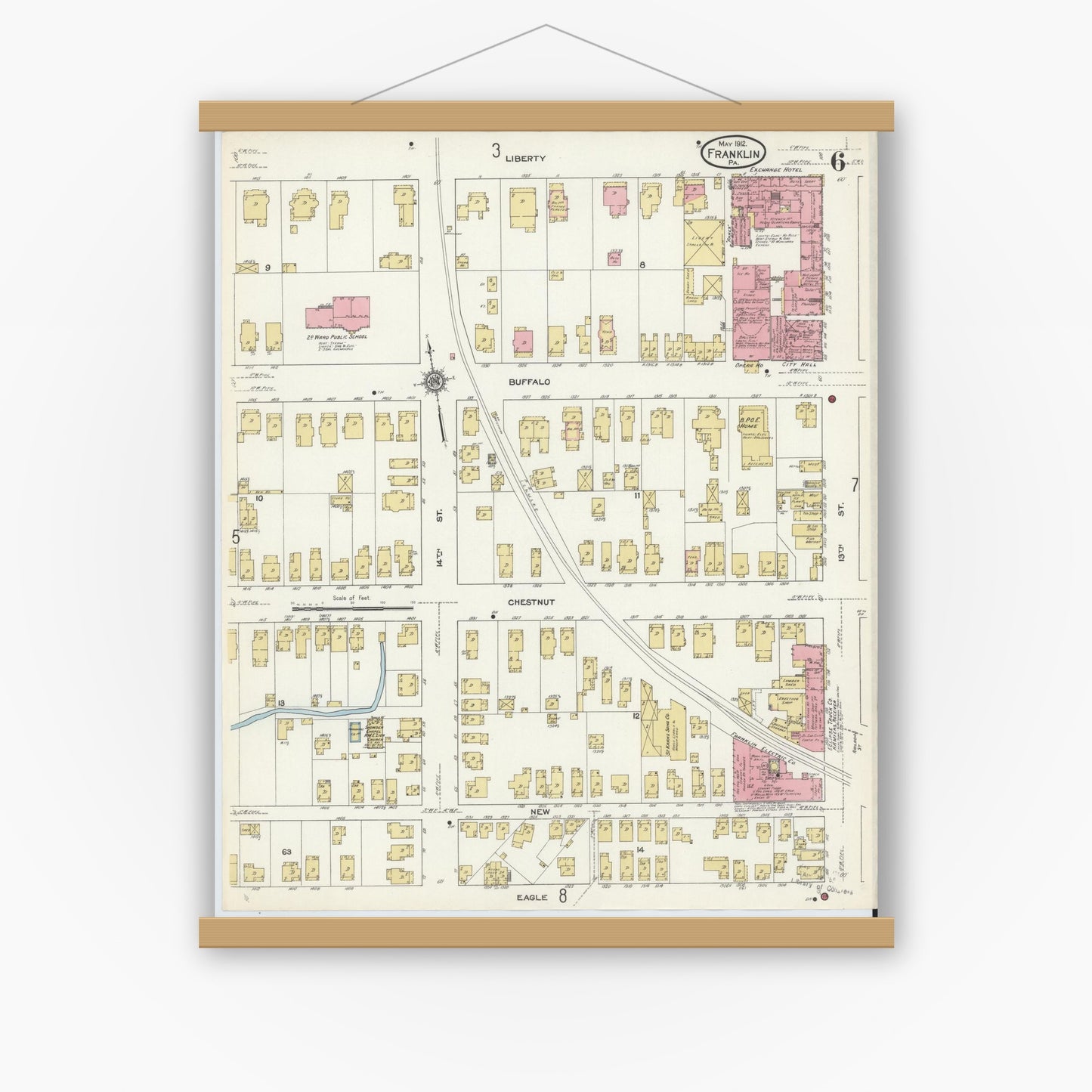Old map wall art mockup — magnetic wood frame on white wall — Sanborn Fire Insurance Map from Franklin, Venango County, Pennsylvania (1912), Sheet #0006