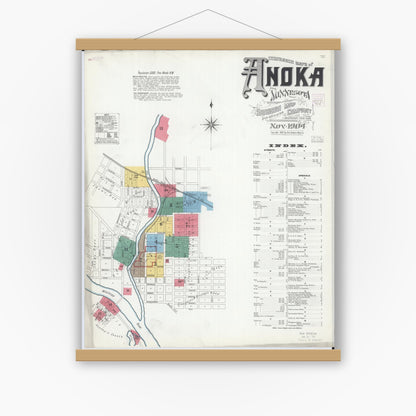 Old map wall art mockup — magnetic wood frame on white wall — Sanborn Fire Insurance Map from Anoka, Anoka County, Minnesota (1904) - Complete Map Set