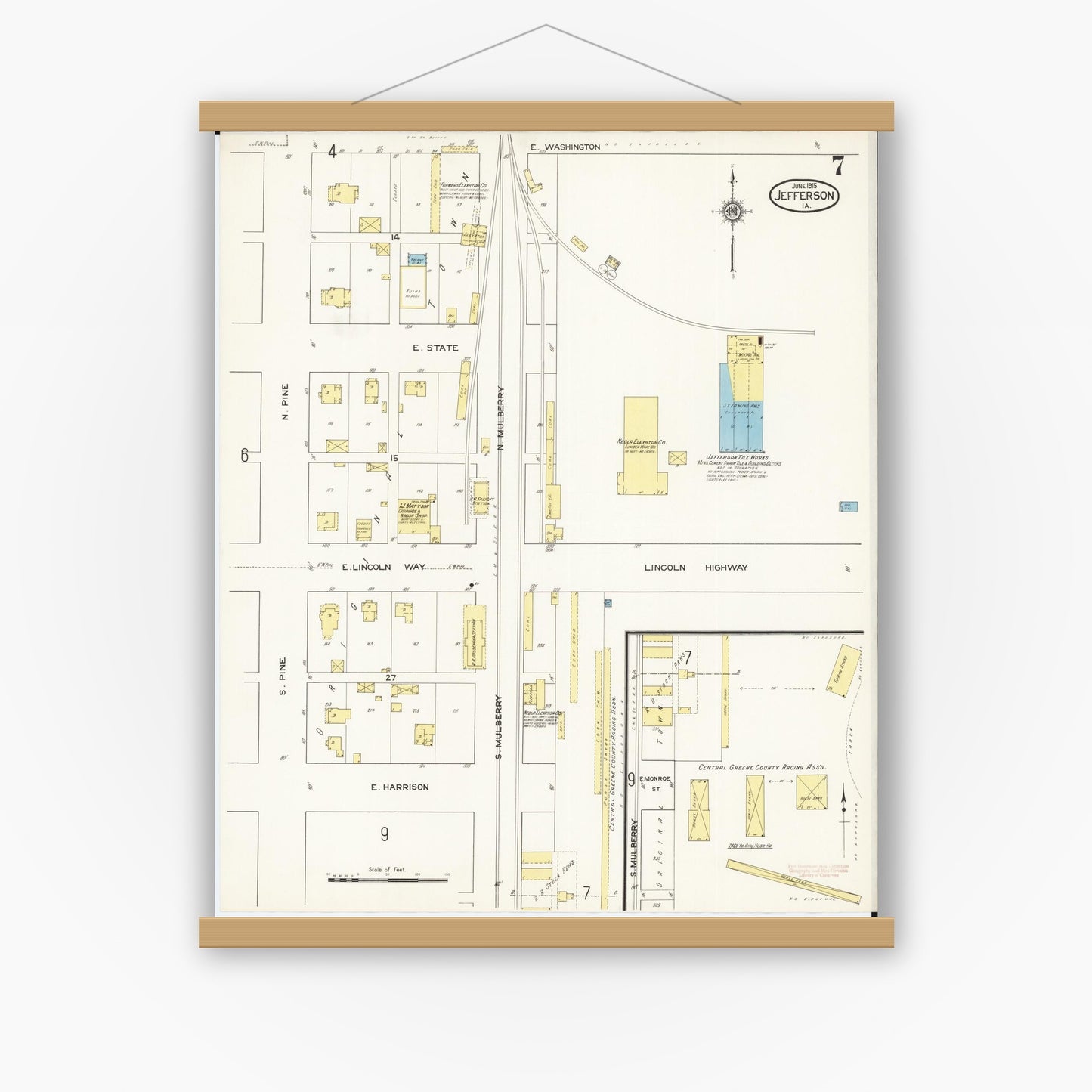 Old map wall art mockup — magnetic wood frame on white wall — Sanborn Fire Insurance Map from Jefferson, Greene County, Iowa (1915), Sheet #0007