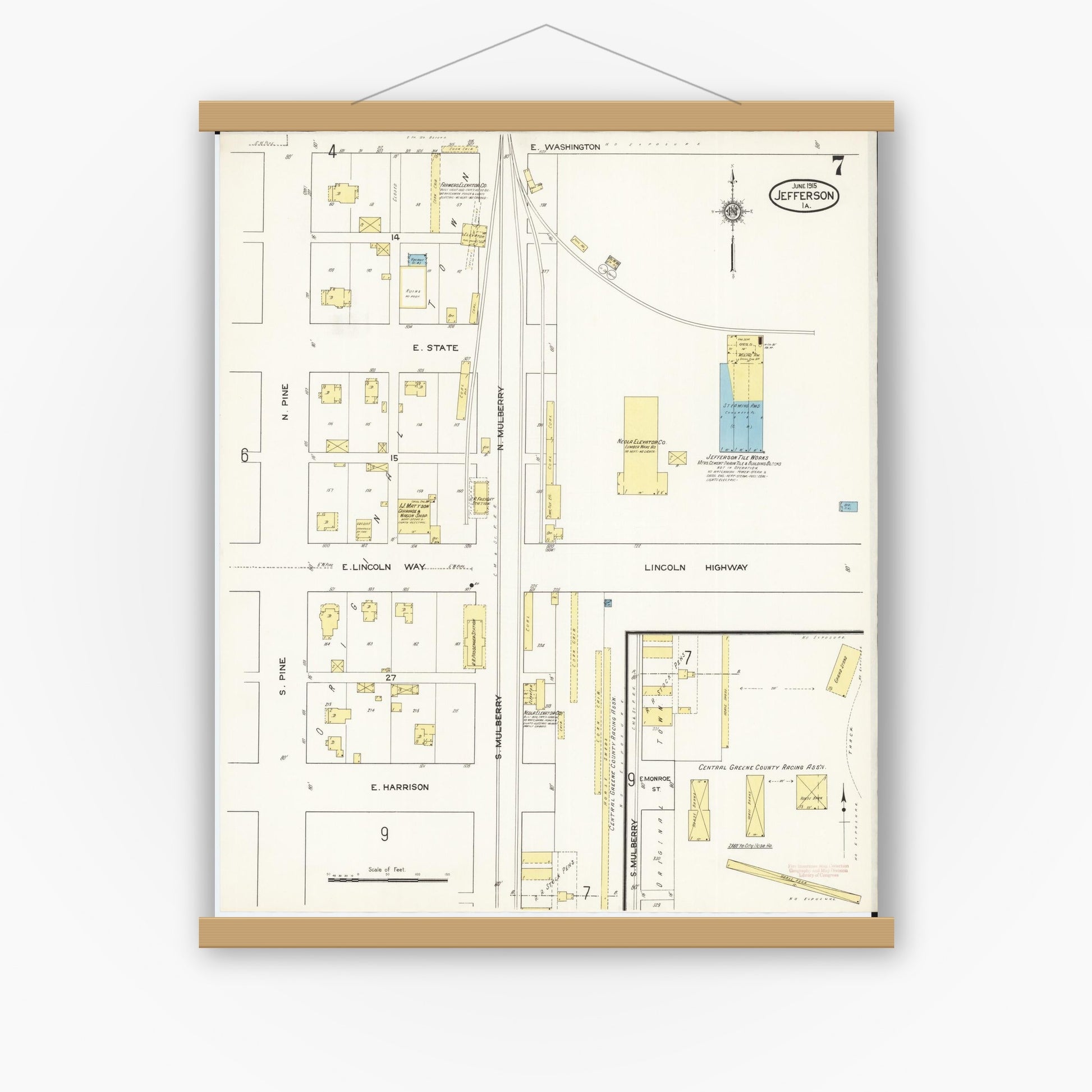 Old map wall art mockup — magnetic wood frame on white wall — Sanborn Fire Insurance Map from Jefferson, Greene County, Iowa (1915), Sheet #0007