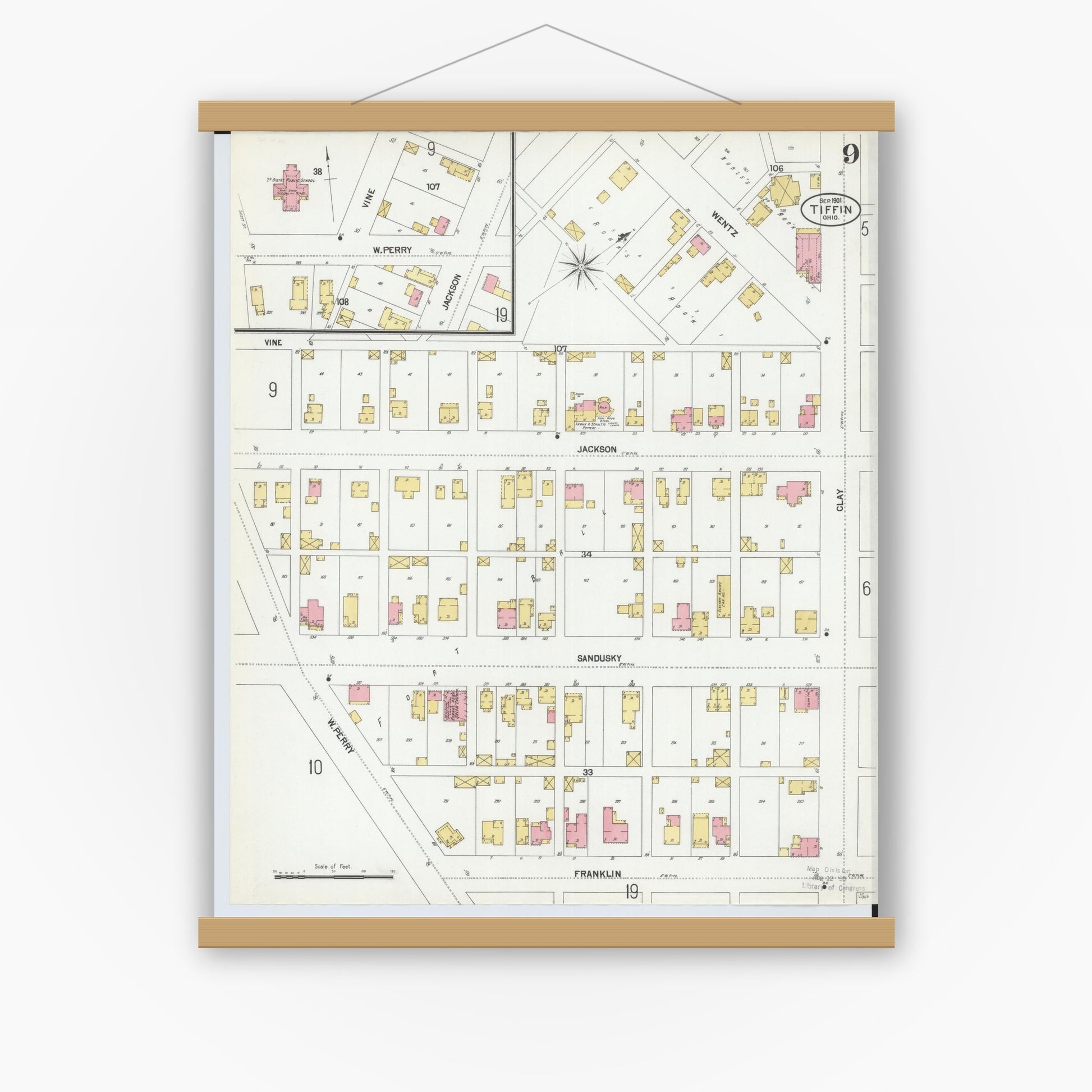 Old map wall art mockup — magnetic wood frame on white wall — Sanborn Fire Insurance Map from Tiffin, Seneca County, Ohio (1901), Sheet #0009