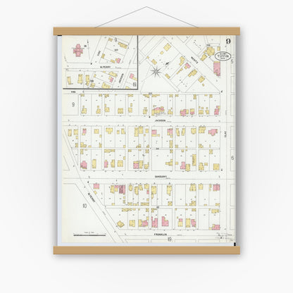 Old map wall art mockup — magnetic wood frame on white wall — Sanborn Fire Insurance Map from Tiffin, Seneca County, Ohio (1901), Sheet #0009