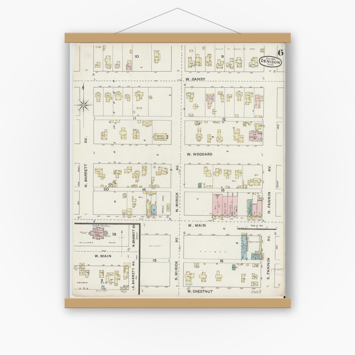 Old map wall art mockup — magnetic wood frame on white wall — Sanborn Fire Insurance Map from Denison, Grayson County, Texas (1888), Sheet #0006
