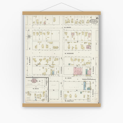 Old map wall art mockup — magnetic wood frame on white wall — Sanborn Fire Insurance Map from Denison, Grayson County, Texas (1888), Sheet #0006