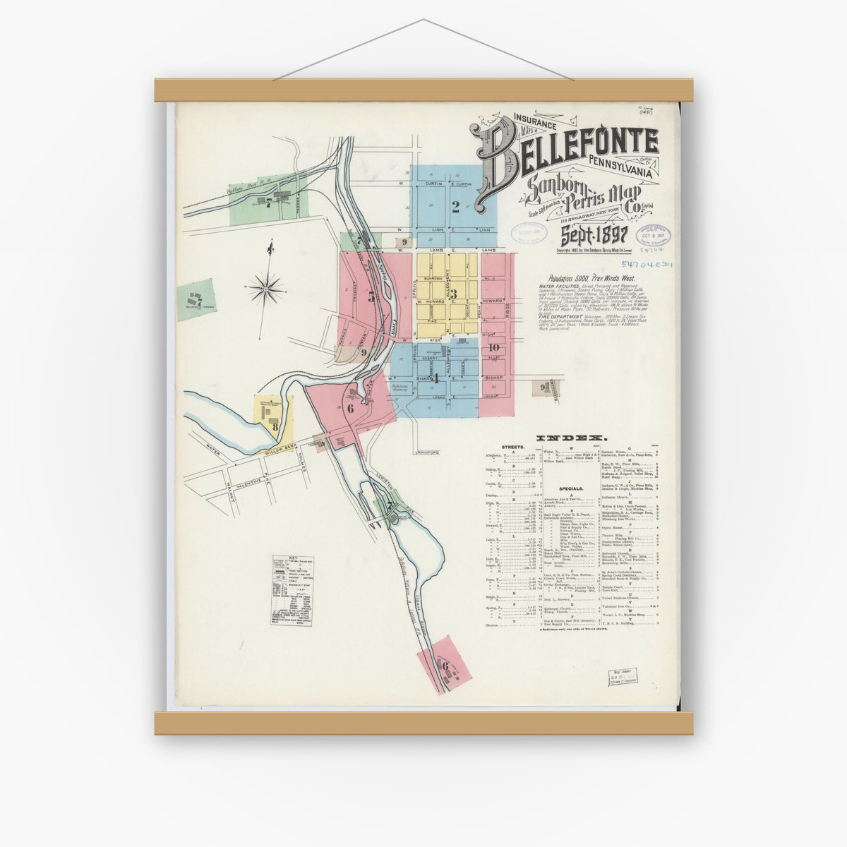 Old map wall art mockup — magnetic wood frame on white wall — Sanborn Fire Insurance Map from Bellefonte, Centre County, Pennsylvania (1897) - Complete Map Set