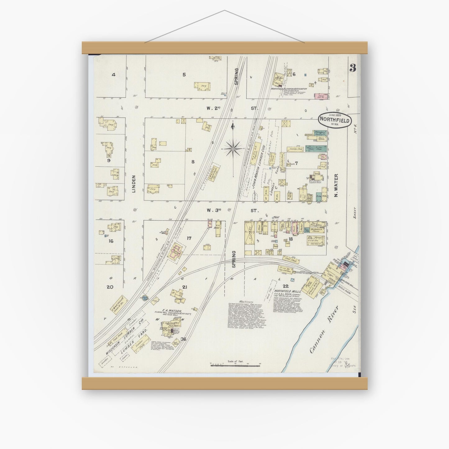 Old map wall art mockup — magnetic wood frame on white wall — Sanborn Fire Insurance Map from Northfield, Rice County, Minnesota (1889), Sheet #0003