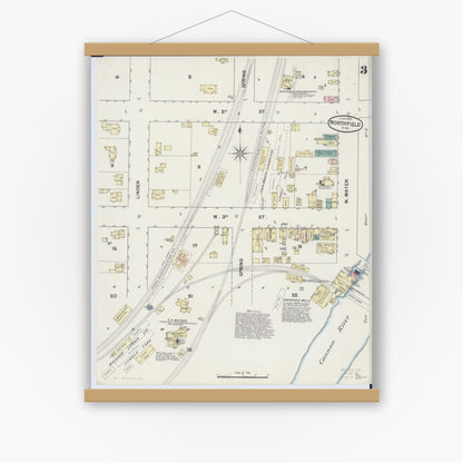 Old map wall art mockup — magnetic wood frame on white wall — Sanborn Fire Insurance Map from Northfield, Rice County, Minnesota (1889), Sheet #0003