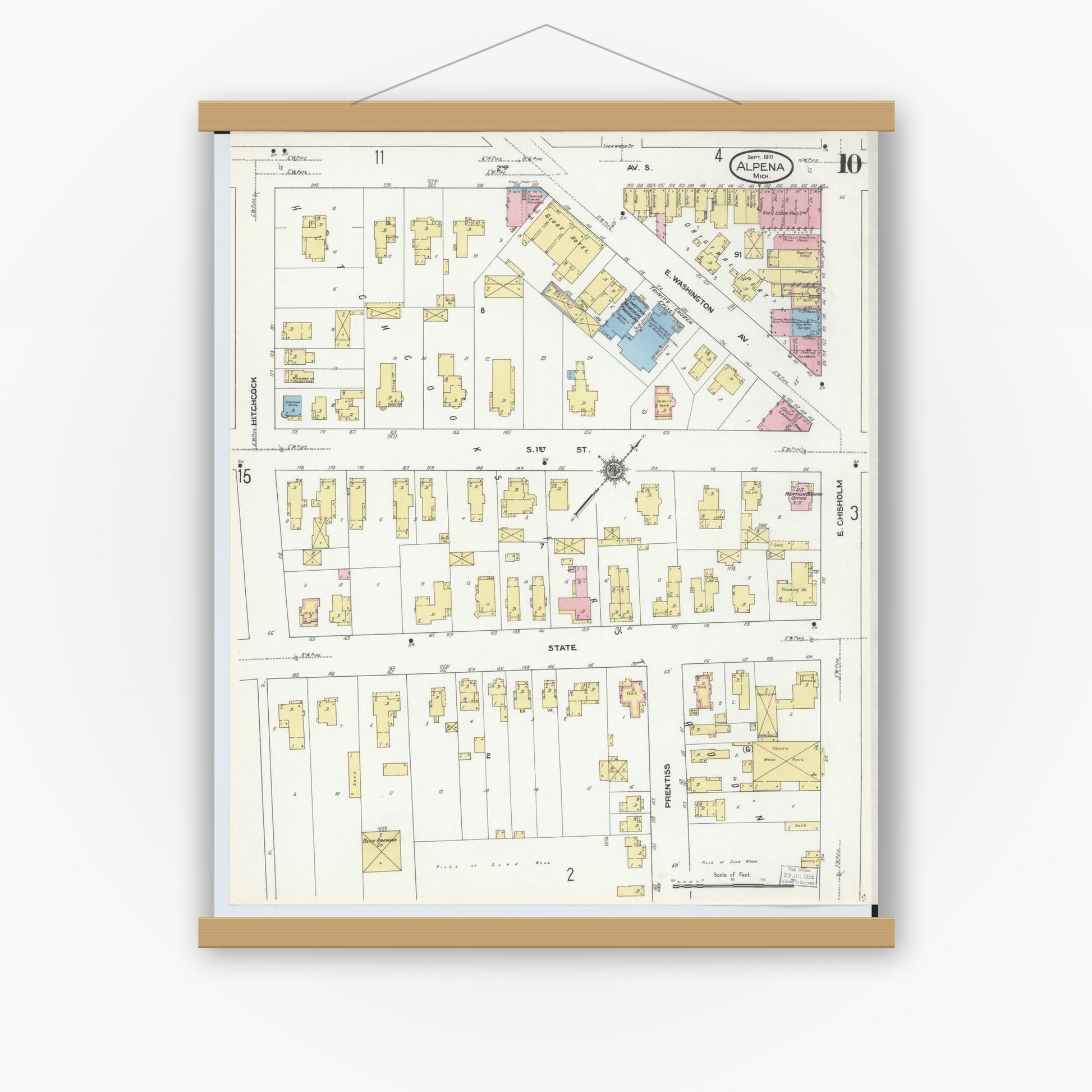 Old map wall art mockup — magnetic wood frame on white wall — Sanborn Fire Insurance Map from Alpena, Alpena County, Michigan (1910), Sheet #0010