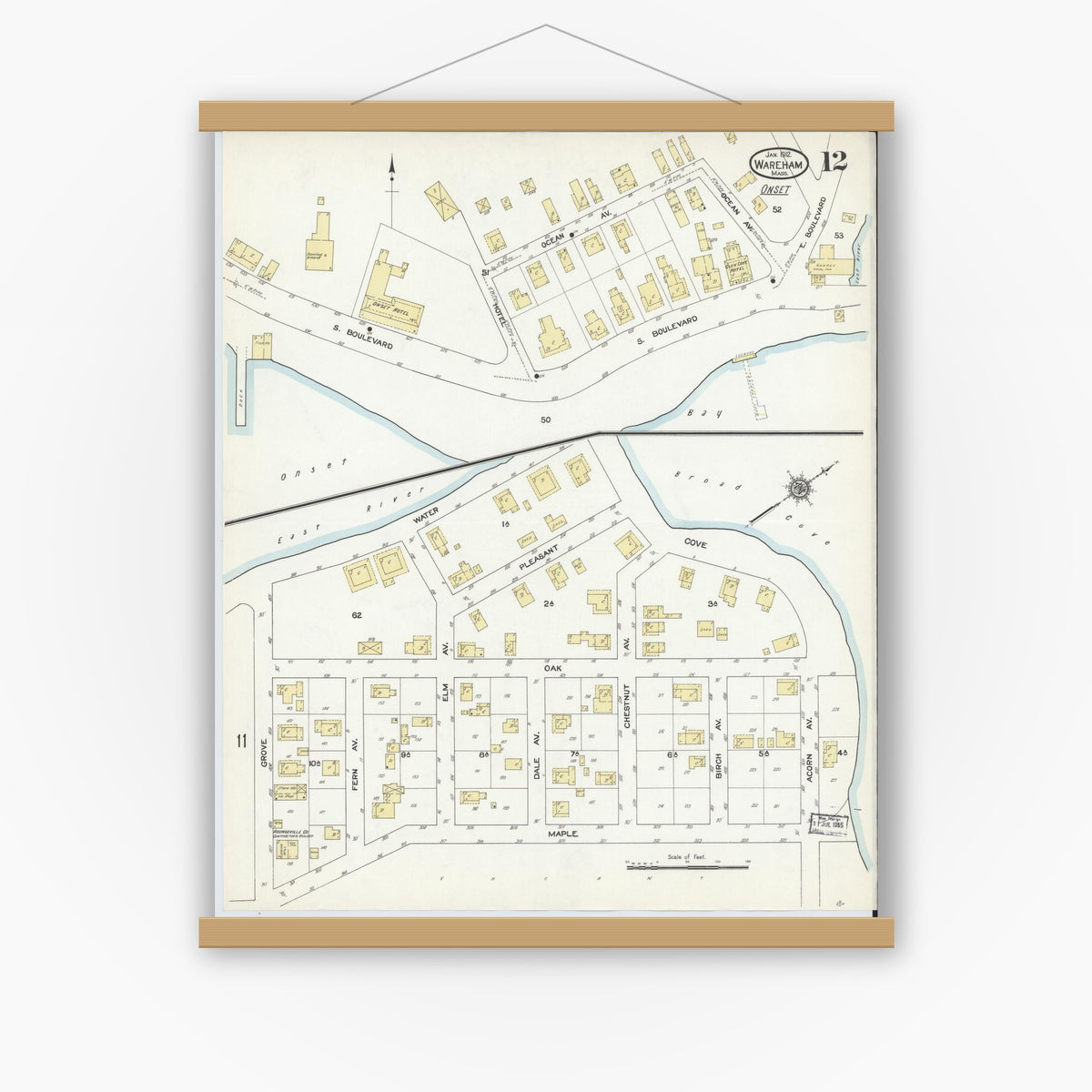 Old map wall art mockup — magnetic wood frame on white wall — Sanborn Fire Insurance Map from Wareham, Plymouth County, Massachusetts (1912), Sheet #0012