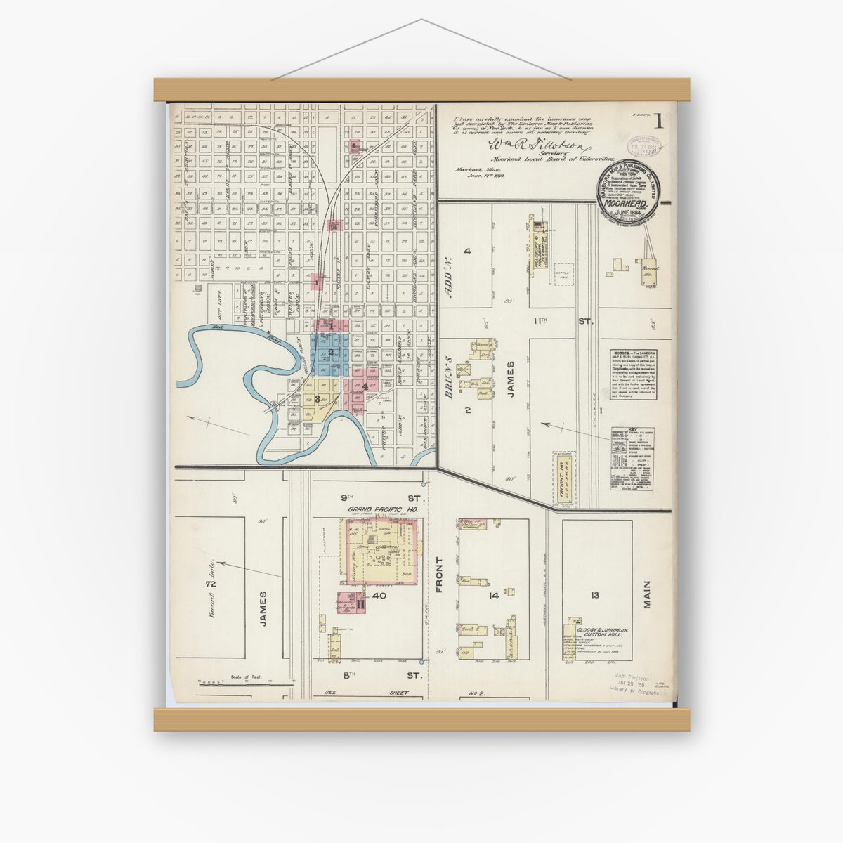 Old map wall art mockup — magnetic wood frame on white wall — Sanborn Fire Insurance Map from Moorhead, Clay County, Minnesota (1884), Sheet #0001
