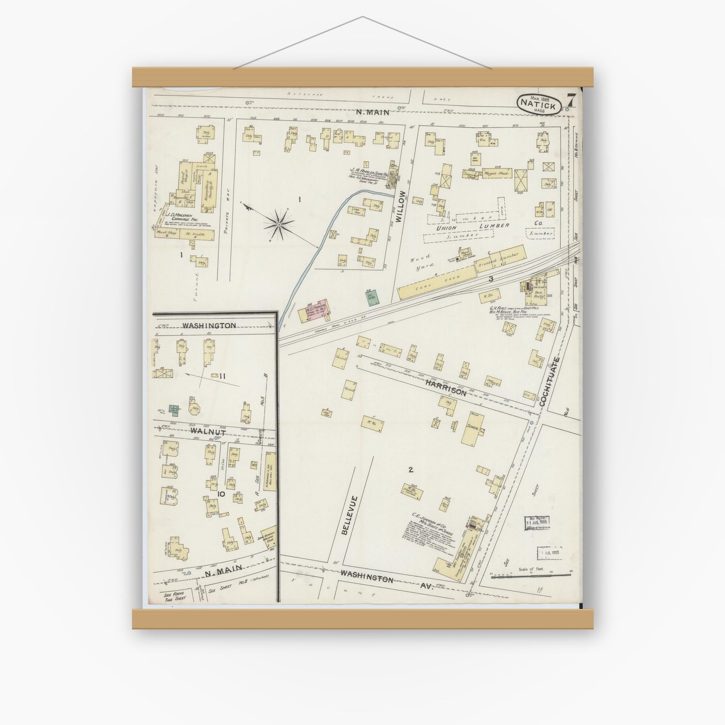 Old map wall art mockup — magnetic wood frame on white wall — Sanborn Fire Insurance Map from Natick, Middlesex County, Massachusetts (1888), Sheet #0007