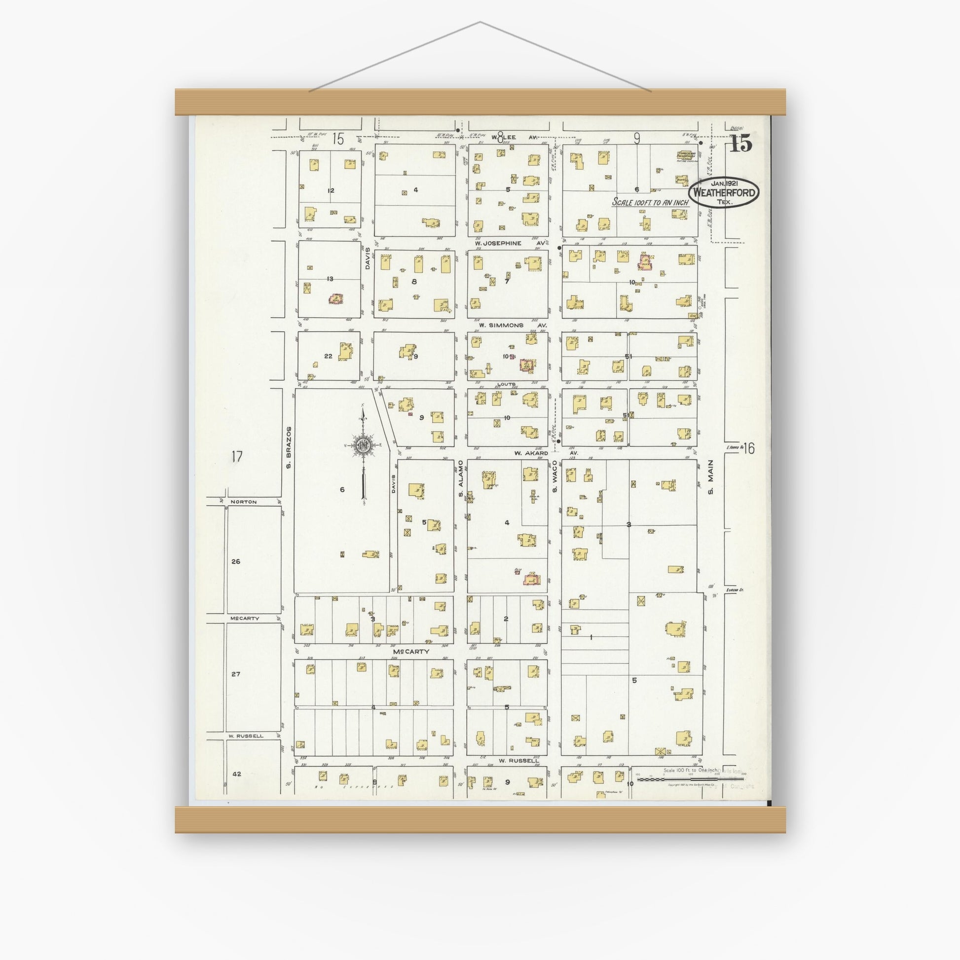 Old map wall art mockup — magnetic wood frame on white wall — Sanborn Fire Insurance Map from Weatherford, Parker County, Texas (1921), Sheet #0015