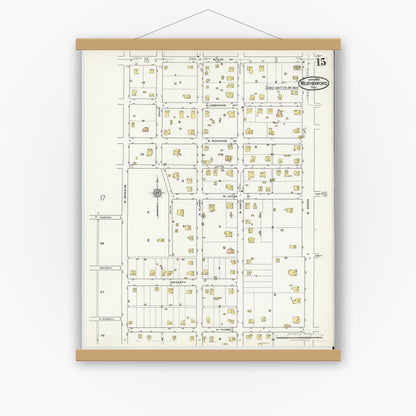 Old map wall art mockup — magnetic wood frame on white wall — Sanborn Fire Insurance Map from Weatherford, Parker County, Texas (1921), Sheet #0015