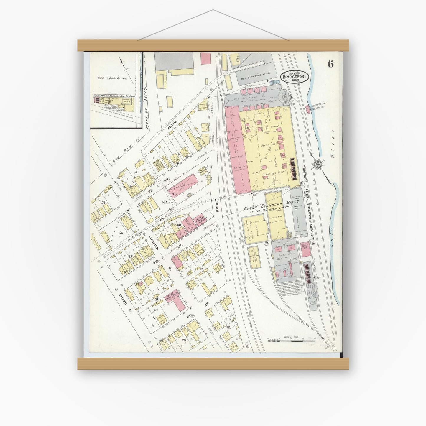 Old map wall art mockup — magnetic wood frame on white wall — Sanborn Fire Insurance Map from Bridgeport, Belmont County, Ohio (1910), Sheet #0006