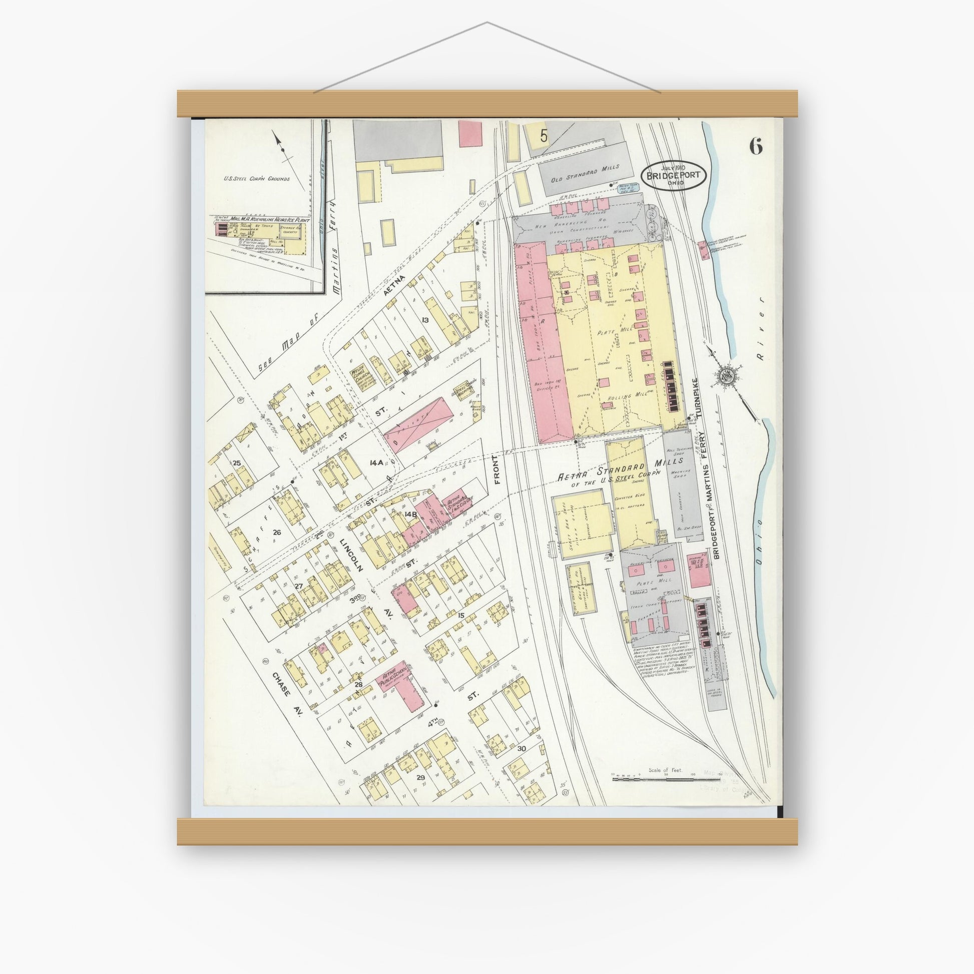 Old map wall art mockup — magnetic wood frame on white wall — Sanborn Fire Insurance Map from Bridgeport, Belmont County, Ohio (1910), Sheet #0006